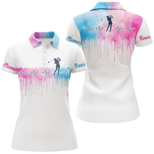 Golf Herzschlag Golfer Pink blaues Aquarell Damen Golf Polo Shirt individuelle Namensgeschenke für Golfliebhaber N3762 - Climcat