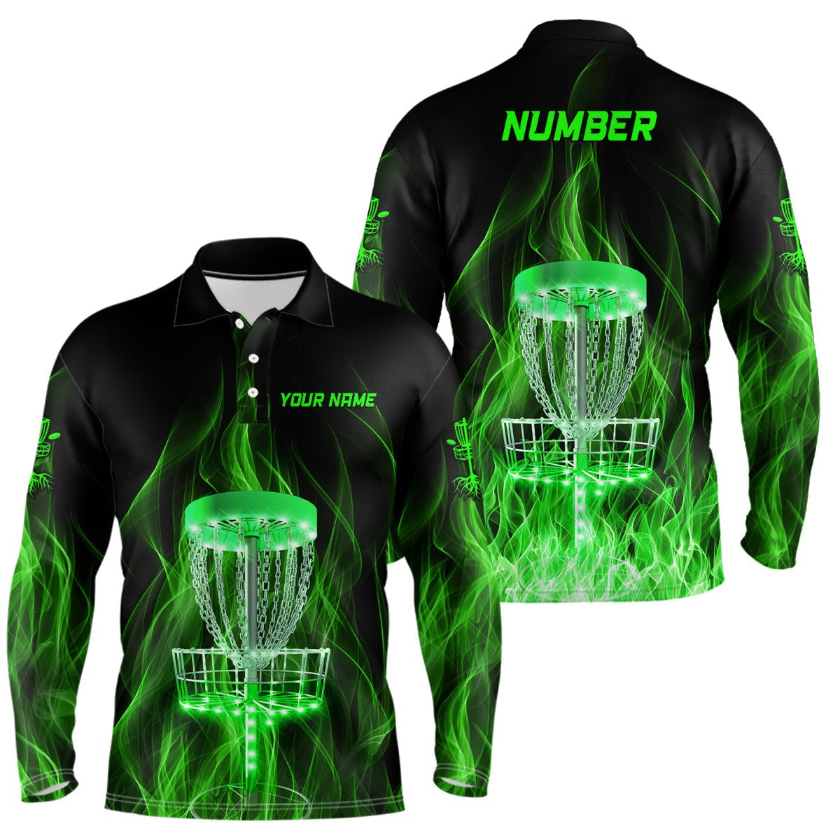 Grüner Feuerflammen-Discgolfkorb Herren Poloshirts Individuelle Discgolfshirts für Männer Golfgeschenke L1403 - Climcat