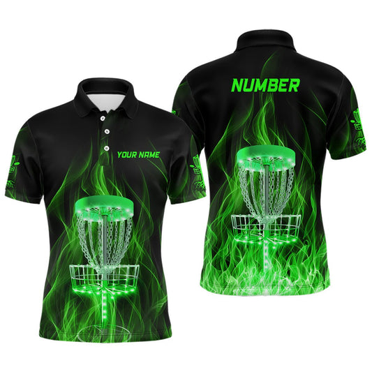 Grüner Feuerflammen-Discgolfkorb Herren Poloshirts Individuelle Discgolfshirts für Männer Golfgeschenke L1403 - Climcat