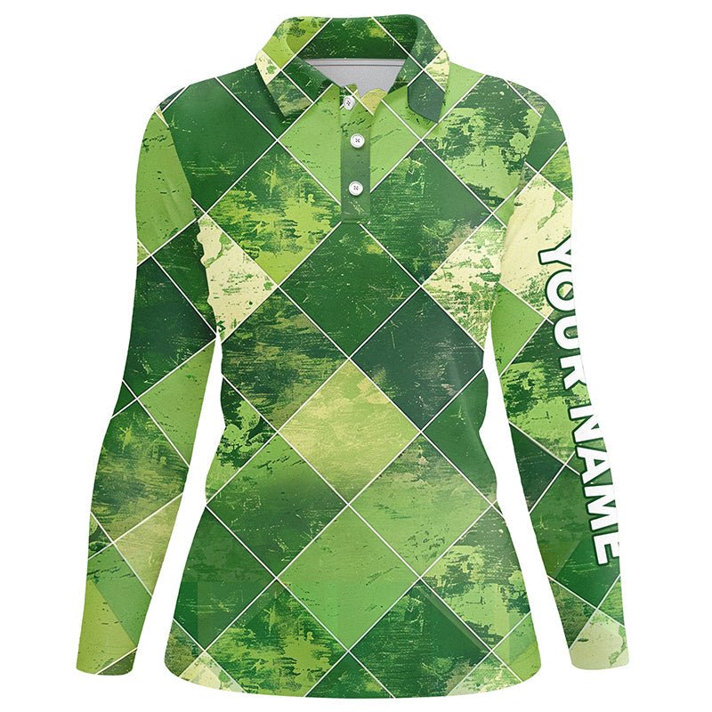 Grünes Argyle-Karo-Muster Damen Golf Polo Shirts, maßgeschneiderte Damen Golfbekleidung, grüne Golfoberteile N7373 - Climcat