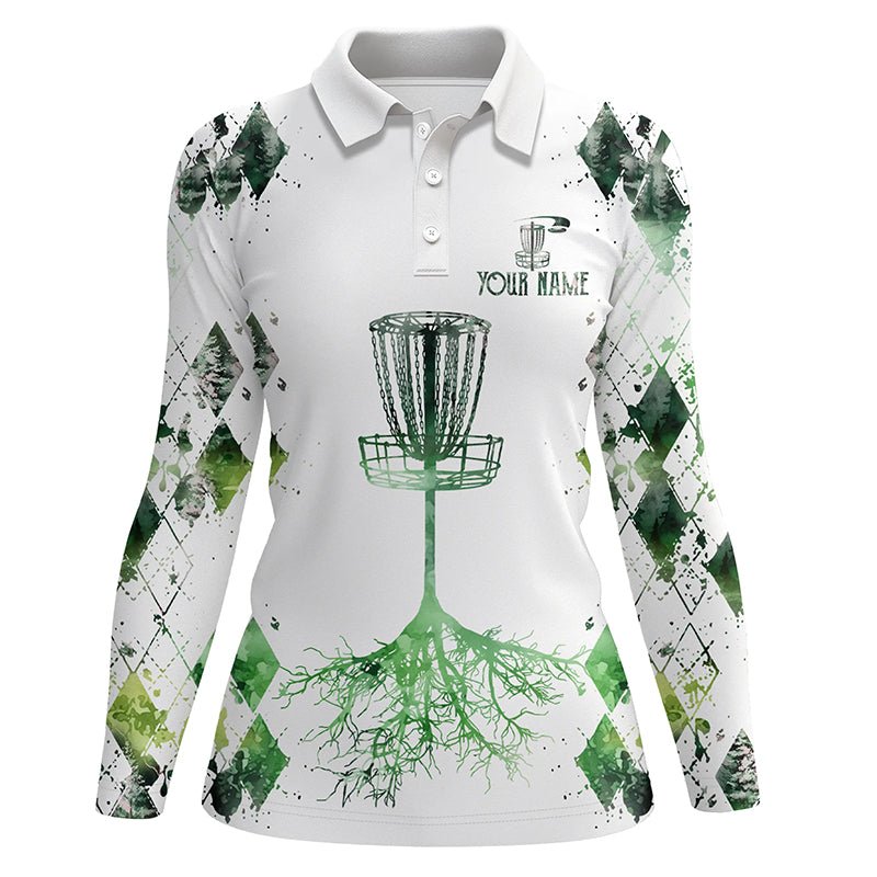 Grünes Argyle-Muster auf weißem Damen-Golfpoloshirt | Maßgeschneidertes Disc-Golf-Frisbeegolfshirt N7297 - Climcat