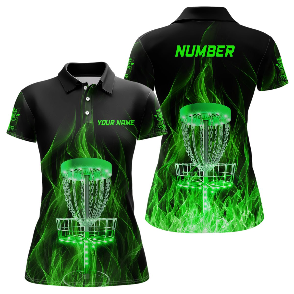 Grünes Feuer Flamme Disc Golf Korb Polo Shirts | Individuelle Disc Golf Shirts für Frauen | Golfgeschenke L1403 - Climcat