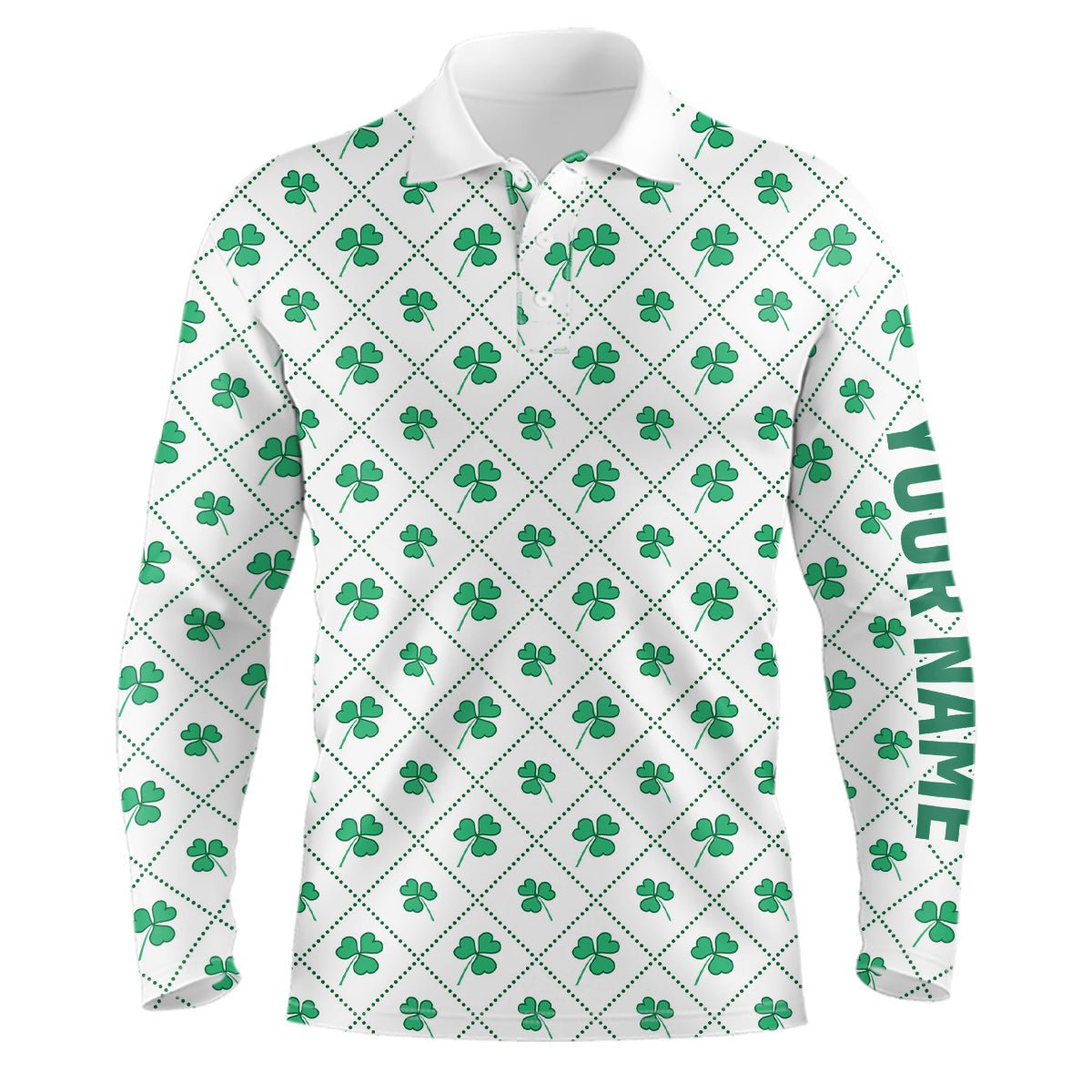 Grünes Kleeblatt auf kariertem Muster St. Patrick's Day Herren Golfshirt Personalisierbare Golfgeschenke für Männer L1268 - Climcat