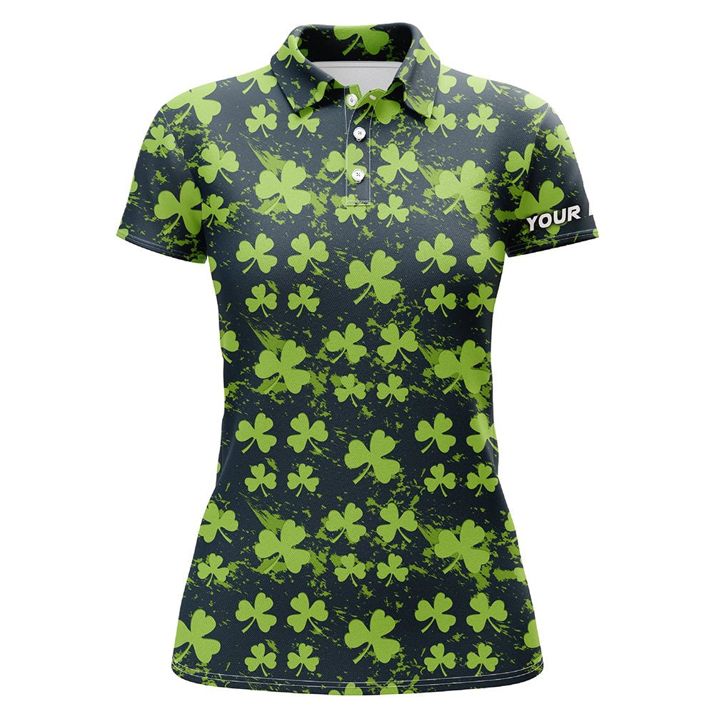 Grünes Kleeblatt St. Patrick's Day Golf Polo Shirt mit Wasserfarben - Personalisierte Damen Golfshirts mit Namen L1329 - Climcat