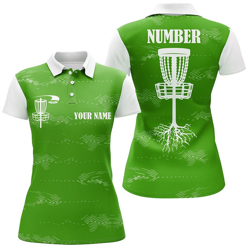 Grünes und weißes Damen Disc Golf Polo Shirt mit individuellem Disc Golf Korb, personalisierte Disc Golf Geschenke N7251 - Climcat