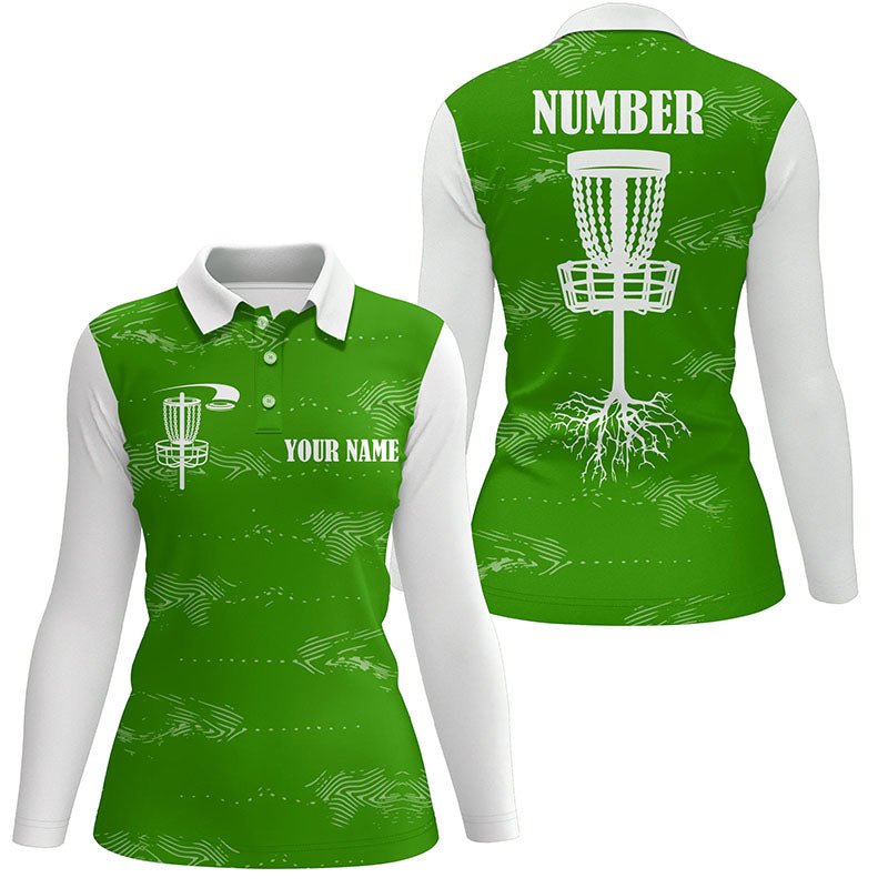 Grünes und weißes Damen Disc Golf Polo Shirt mit individuellem Disc Golf Korb, personalisierte Disc Golf Geschenke N7251 - Climcat