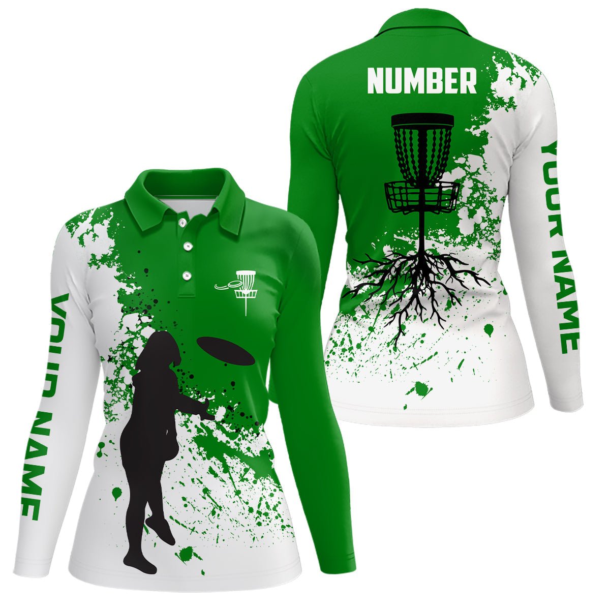 Grünes und weißes Damen Disc Golf Polo-Shirt mit individuellem Namen und Nummer, Disc Golf Trikots für Damen, Damen Golf Tops N7112 - Climcat