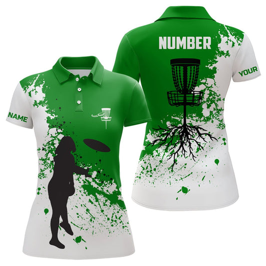 Grünes und weißes Damen Disc Golf Polo-Shirt mit individuellem Namen und Nummer, Disc Golf Trikots für Damen, Damen Golf Tops N7112 - Climcat