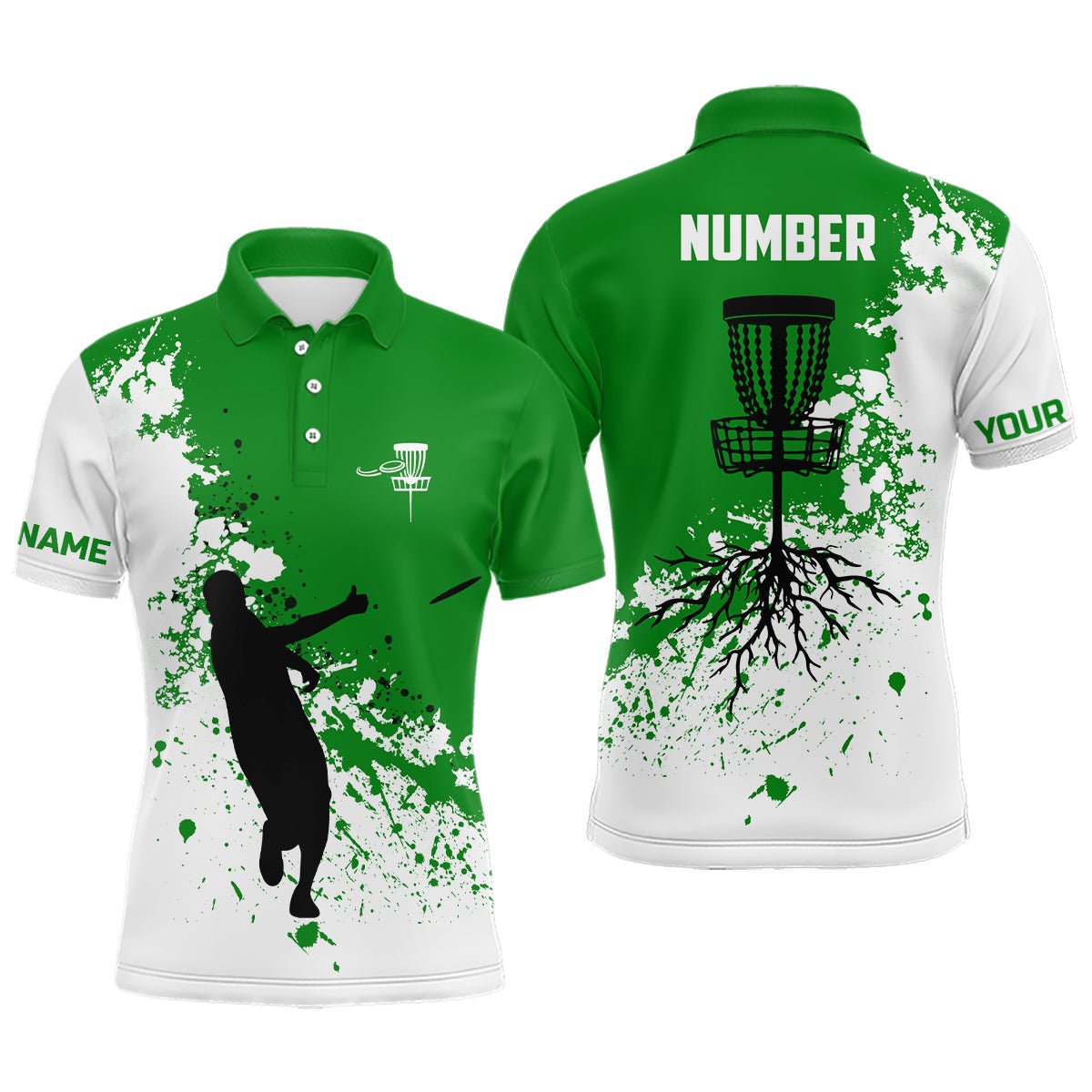 Grünes und weißes Herren Disc Golf Polo Shirt mit individuellem Namen und Nummer, Disc Golf Trikots, Golf Outfit für Männer N7112 - Climcat