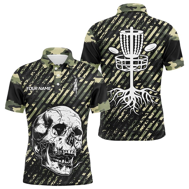 Herren Disc Golf Polo Shirt im grünen Camouflage-Design mit individuellem Skull-Team und Disc-Golf-Korb, Disc-Golf-Outfit N7410 - Climcat