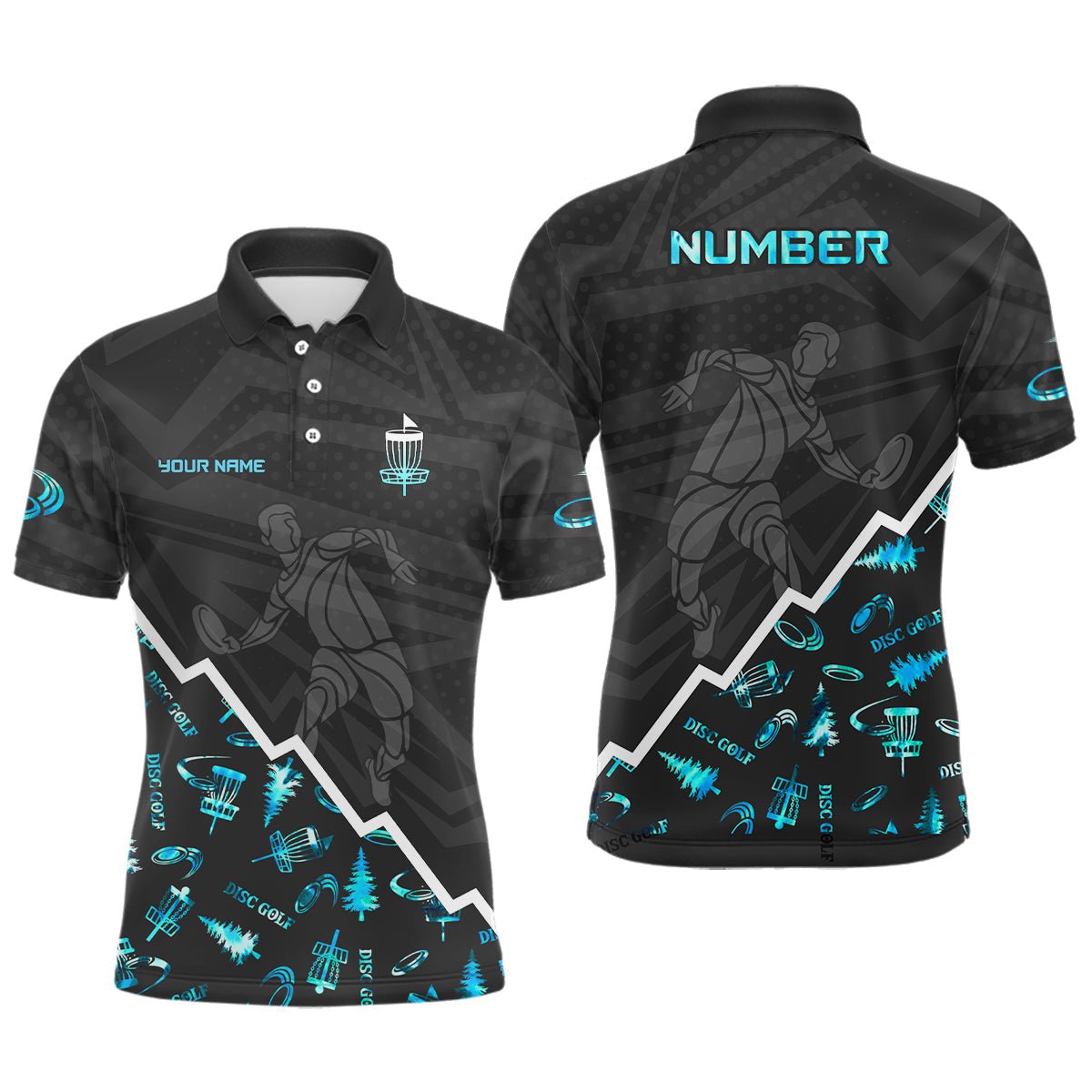 Herren Disc Golf Polo Shirt in Blau Neon Schwarz mit individuellem Namen und Nummer | Disc Golf Geschenke für Männer | Disc Golf Korb TY1 - Climcat