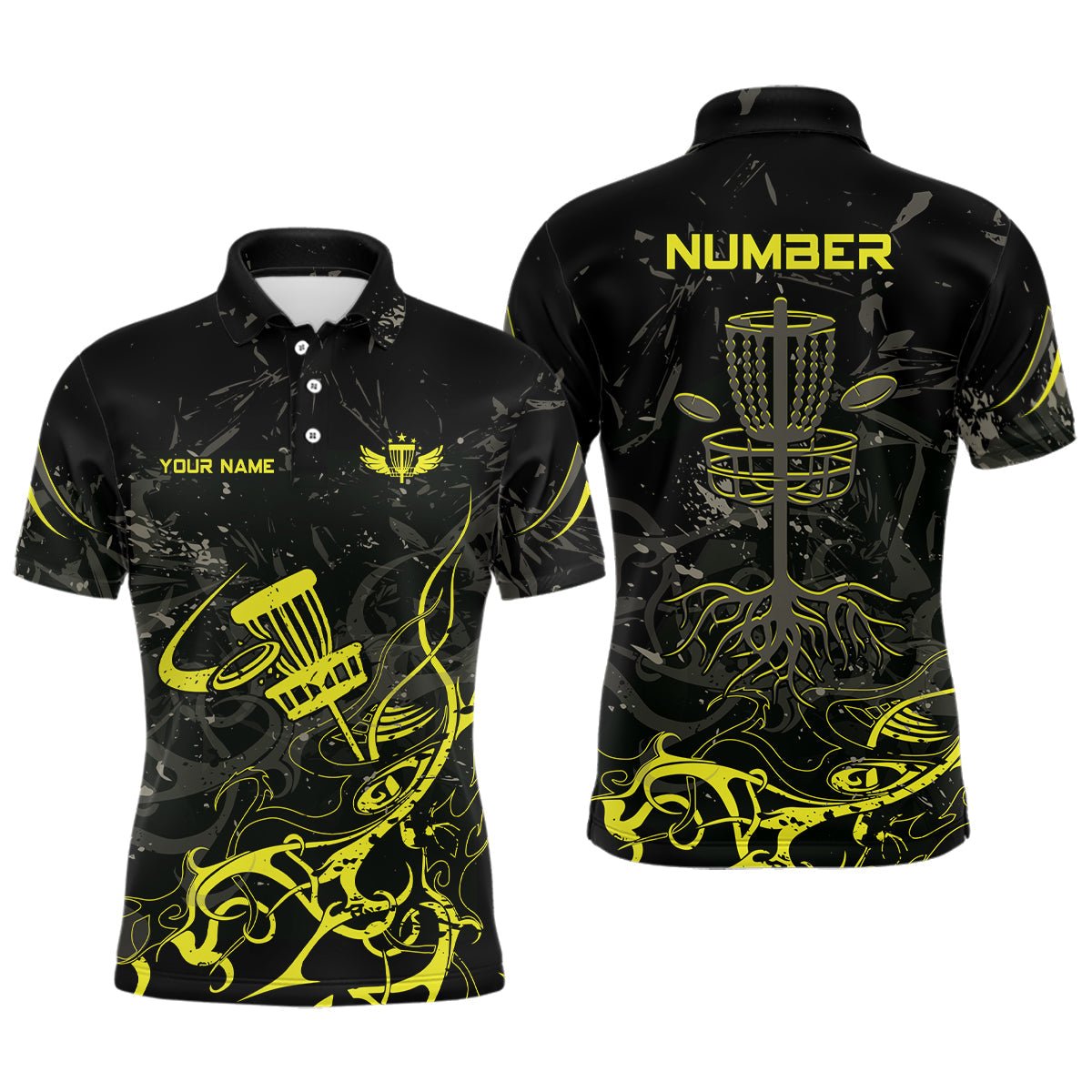 Herren Disc Golf Polo Shirt in Gelb Camouflage und Schwarz - Personalisiertes Disc Golf Korb Baum Design - Golf Geschenke für Männer TY2 - Climcat