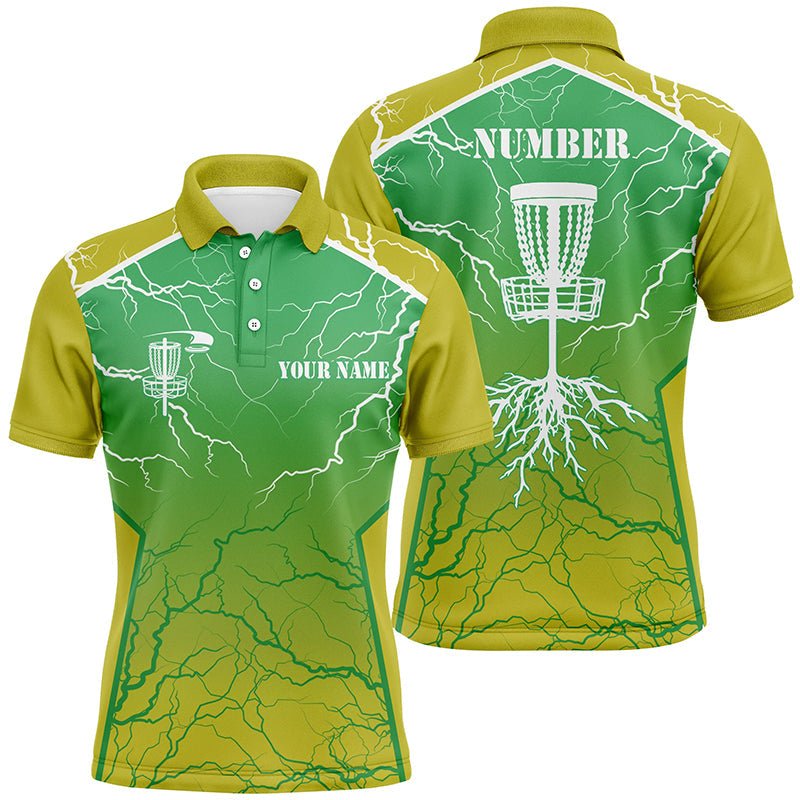 Herren Disc Golf Polo-Shirt in Gelb-Grün mit Blitz und Donner, individuelle Disc Golf Trikots, Frisbee Golf Shirt N7319 - Climcat