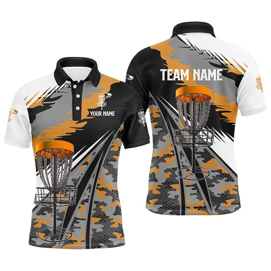 Herren Disc Golf Polo-Shirt in individuellem Orange-Camo-Design für Disc Golf Korb Outfit, Team Disc Golf Bekleidung N7347 - Climcat