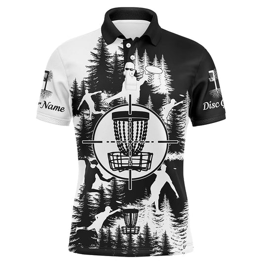 Herren Disc Golf Polo-Shirt in Schwarz und Weiß, individuell gestaltet mit Disc Golf Korb Frisbee Golf Shirt, Disc Golf Geschenke N7296 - Climcat