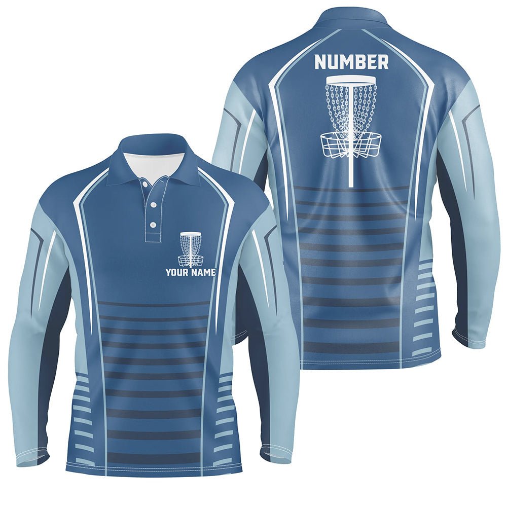 Herren Disc Golf Polo-Shirt mit individuellem blauem Muster, Disc Golf Korb, personalisiertes Disc Golf Outfit N7249 - Climcat