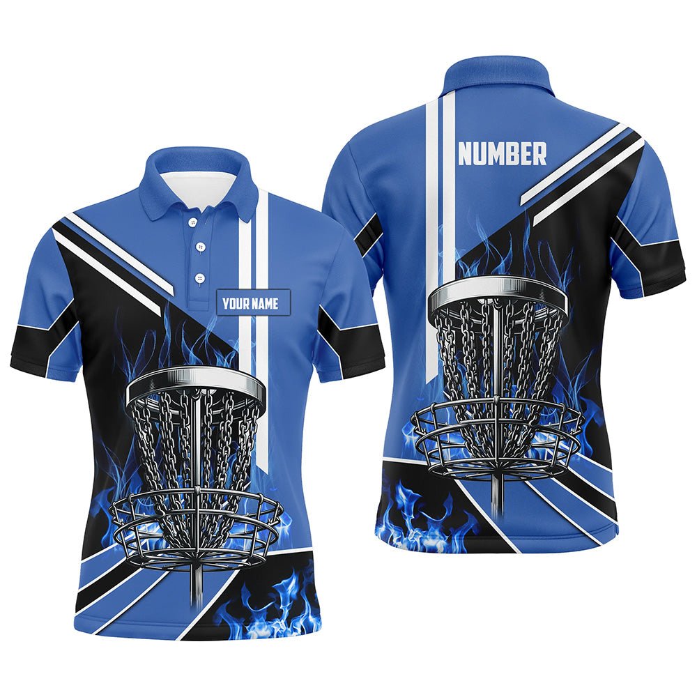 Herren Disc Golf Polo Shirt mit individuellem Design, blauer Flammen-Disc Golf Korb, Frisbee Golf Outfit, Disc Golf Bekleidung N7358 - Climcat