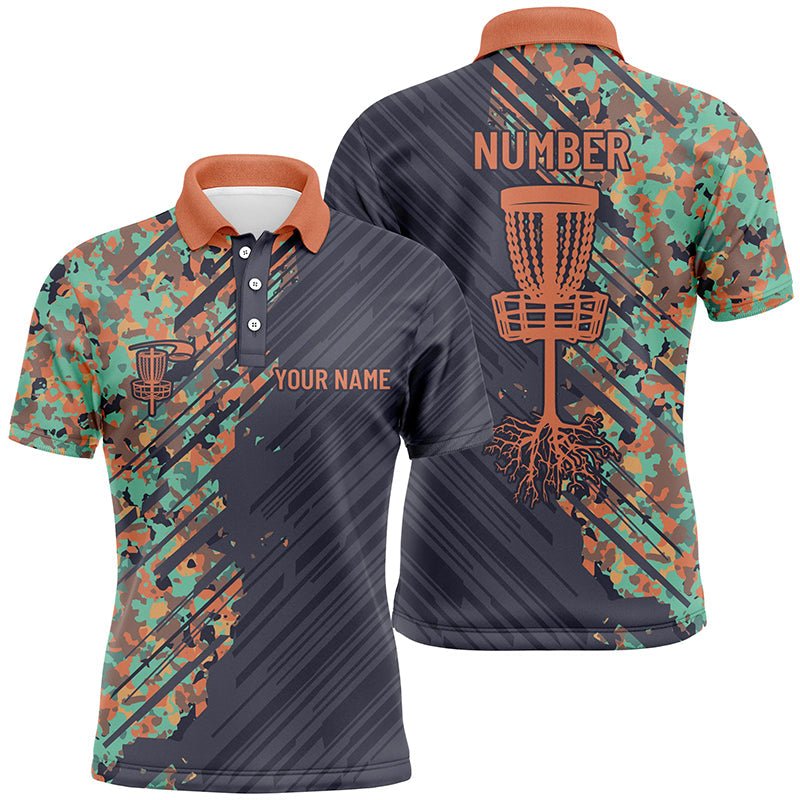 Herren Disc Golf Polo-Shirt mit individuellem Namen, im Grunge-Camo-Design mit Disc Golf Korb, personalisierte Disc Golf Bekleidung N7200 - Climcat