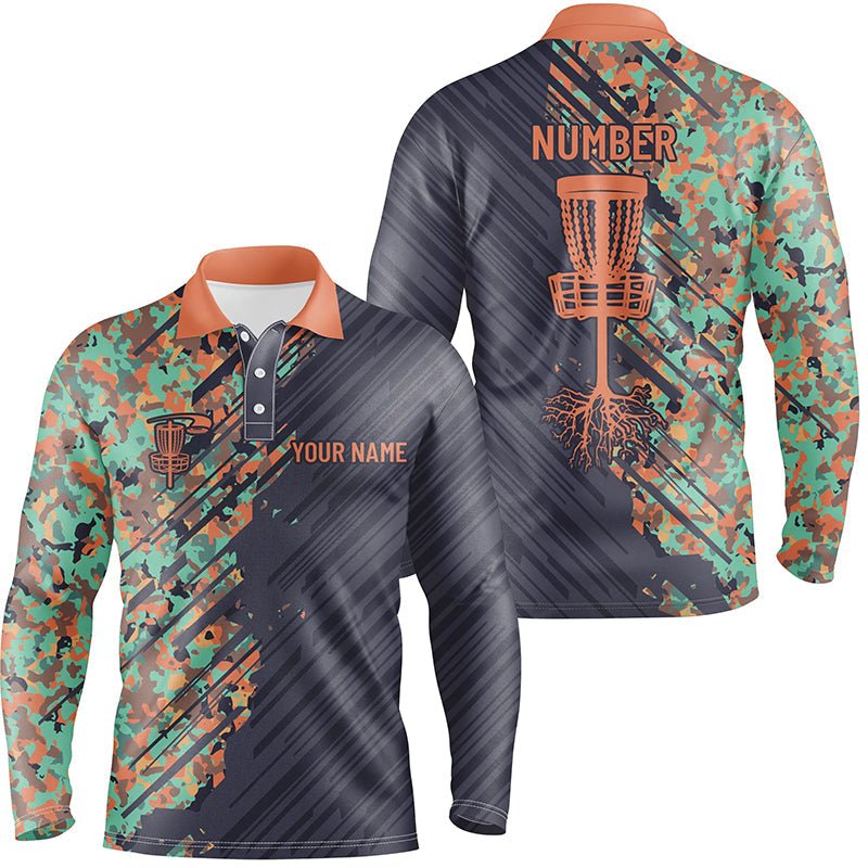 Herren Disc Golf Polo-Shirt mit individuellem Namen, im Grunge-Camo-Design mit Disc Golf Korb, personalisierte Disc Golf Bekleidung N7200 - Climcat