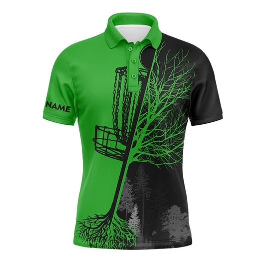 Herren Disc Golf Polo Shirt mit individuellem Namen in Schwarz und Grün, Disc Golf Korb, personalisierte Disc Golf Shirts N7152 - Climcat