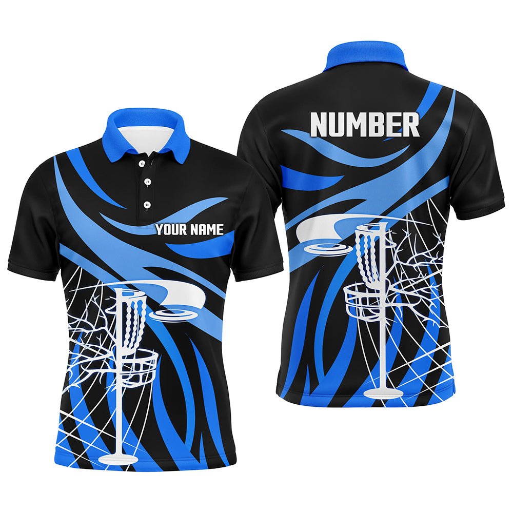 Herren Disc Golf Polo-Shirt mit individuellem Namen, schwarz und blau Disc Golf Korb, personalisierte Disc Golf Shirts N7244 - Climcat