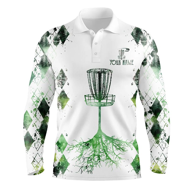 Herren Disc Golf Polo Shirt mit individuellem Wasserfarben-Grün-Argyle-Muster | Frisbee Golf Shirt in Weiß N7297 - Climcat