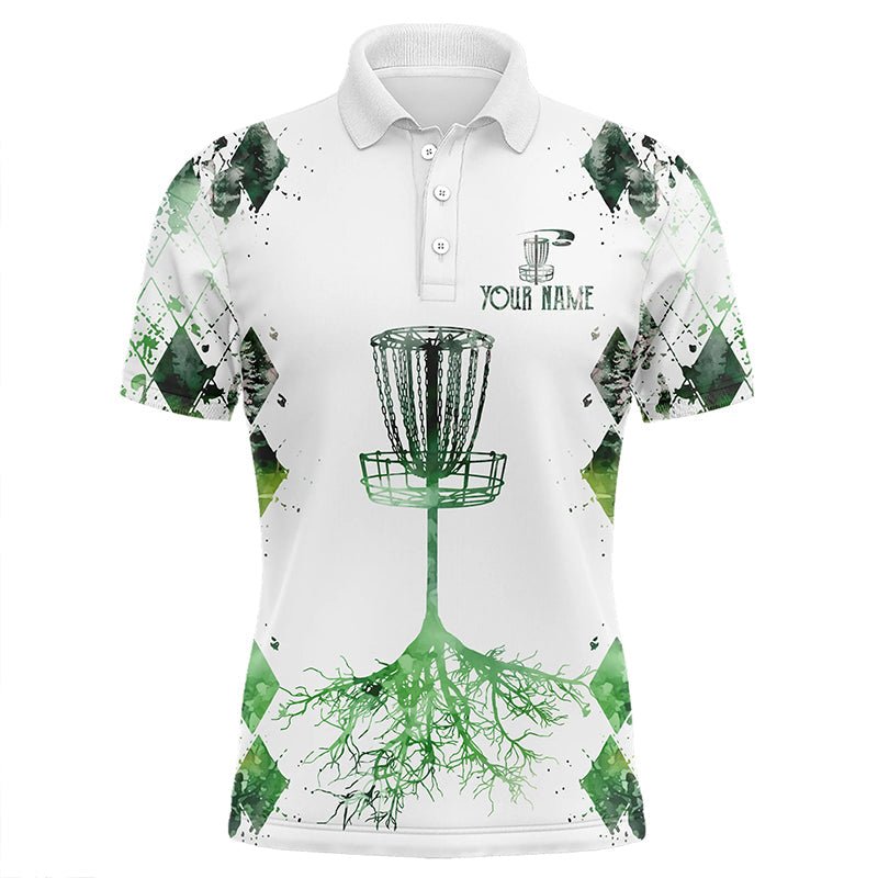 Herren Disc Golf Polo Shirt mit individuellem Wasserfarben-Grün-Argyle-Muster | Frisbee Golf Shirt in Weiß N7297 - Climcat