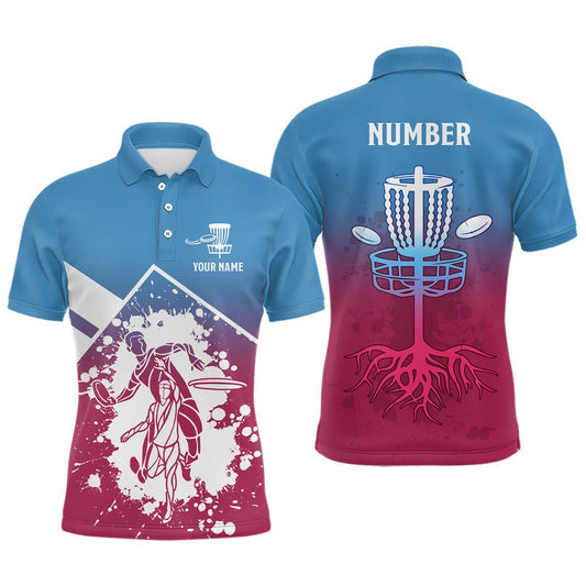 Herren Disc Golf Polo Shirt mit Pink Blauem Silhouettenmuster - Individuelles Disc Golf Korb Shirt für Männer - Disc Golf Trikot L1013 - Climcat