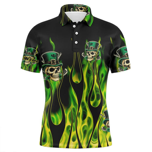 Herren Golf Polo Shirt Grün Klee Schädel St. Patrick's Day Golf Shirt Individuelle Grüne Feuer Golfbekleidung N7055 - Climcat