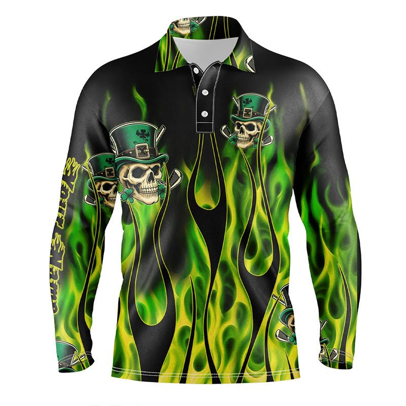 Herren Golf Polo Shirt Grün Klee Schädel St. Patrick's Day Golf Shirt Individuelle Grüne Feuer Golfbekleidung N7055 - Climcat