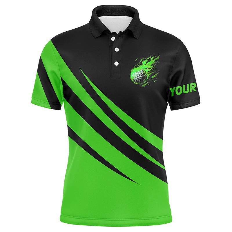 Herren Golf Polo Shirt in Schwarz und Grün mit individuellem Design - Golfball-Feuer-Print, ideales Geschenk für Golfer N7399 - Climcat