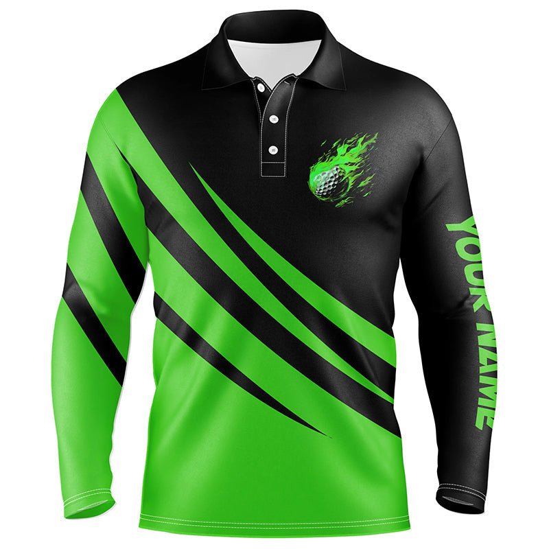 Herren Golf Polo Shirt in Schwarz und Grün mit individuellem Design - Golfball-Feuer-Print, ideales Geschenk für Golfer N7399 - Climcat