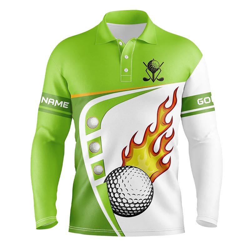 Herren Golf Polo Shirt in Weiß und Grün, individuell gestaltet mit Golfball-Feuer, Herren Golfbekleidung in Grün, Golf Tops N7378 - Climcat