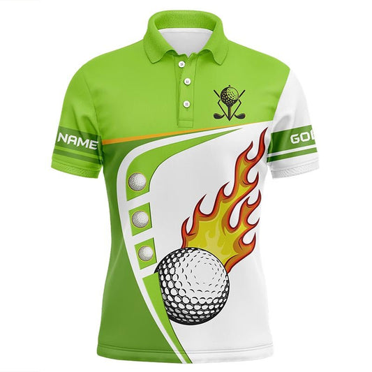 Herren Golf Polo Shirt in Weiß und Grün, individuell gestaltet mit Golfball-Feuer, Herren Golfbekleidung in Grün, Golf Tops N7378 - Climcat