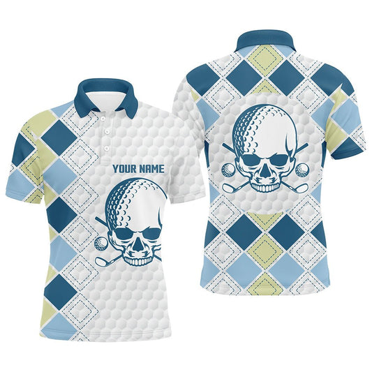 Herren Golf Polo Shirt mit individuellem blauem Argyle-Muster - Weißer Golfball-Schädel N7203 - Climcat