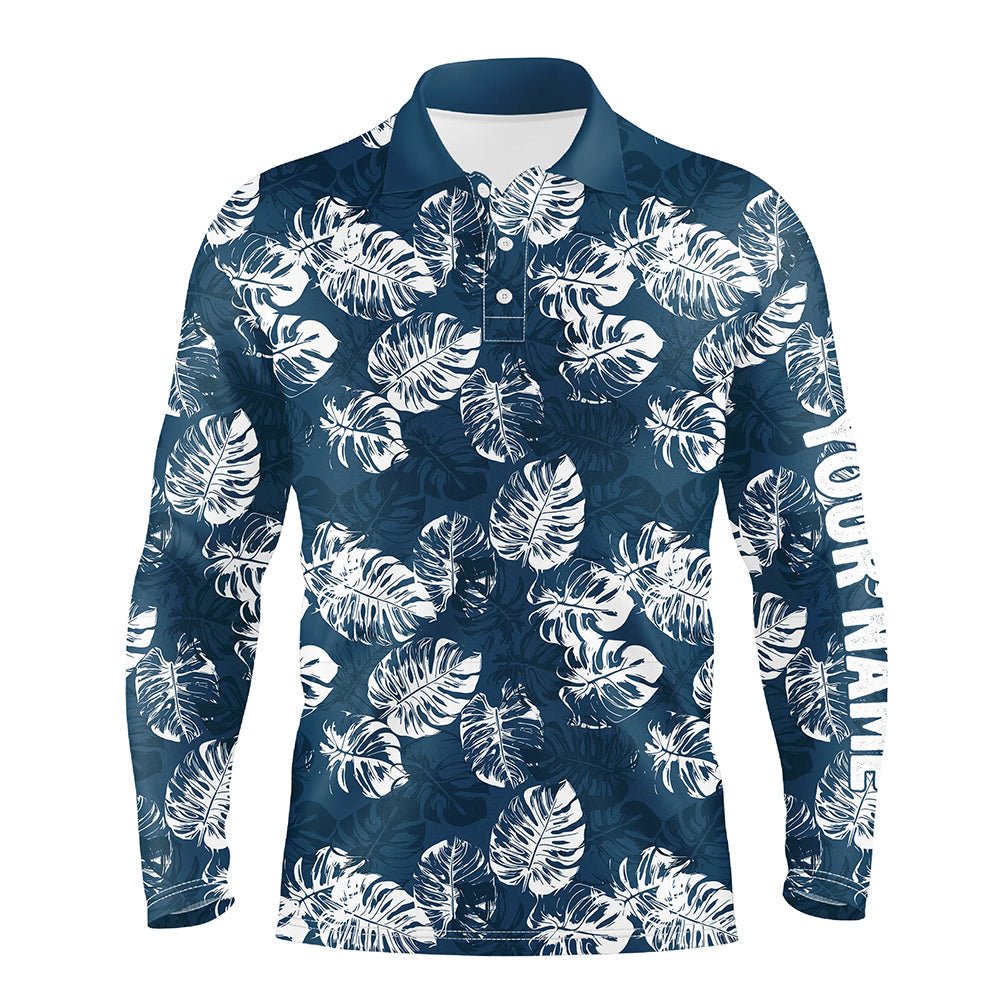 Herren Golf Polo Shirt mit individuellem blauem tropischem Monstera-Bl