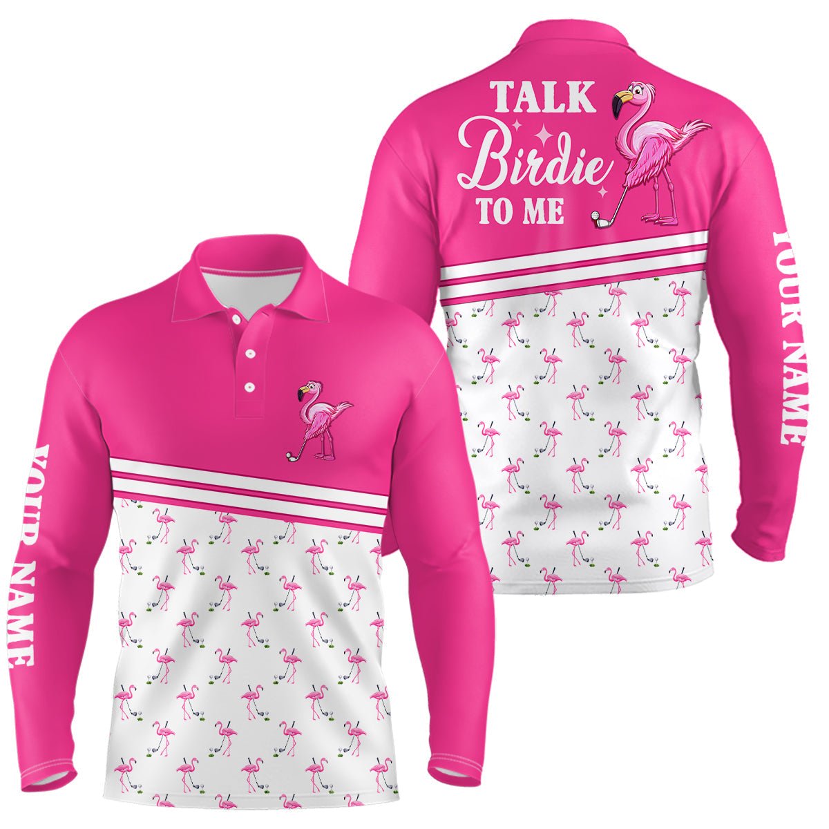 Herren Golf Polo Shirt mit individuellem Design in Pink und Weiß mit Flamingo-Motiv - Spreche Birdie zu mir N7527 - Climcat