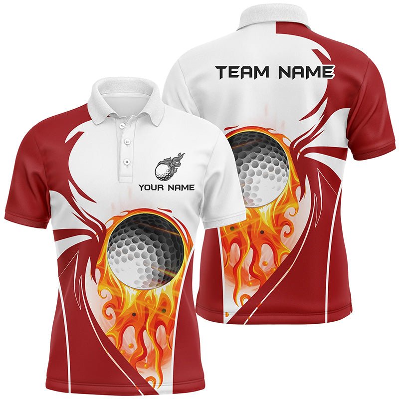 Herren Golf Polo Shirt mit individuellem Golfball-Feuerdesign, Golfbekleidung für Herren, Golfoberteile für Herren | Rot N7062 - Climcat