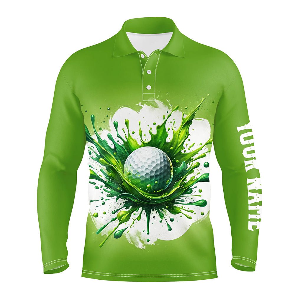 Herren Golf Polo Shirt mit individuellem Wasserfarben-Design und grünem Golfballmuster - Golfoberteil für Männer, Geschenk für Golfliebhaber N7293 - Climcat