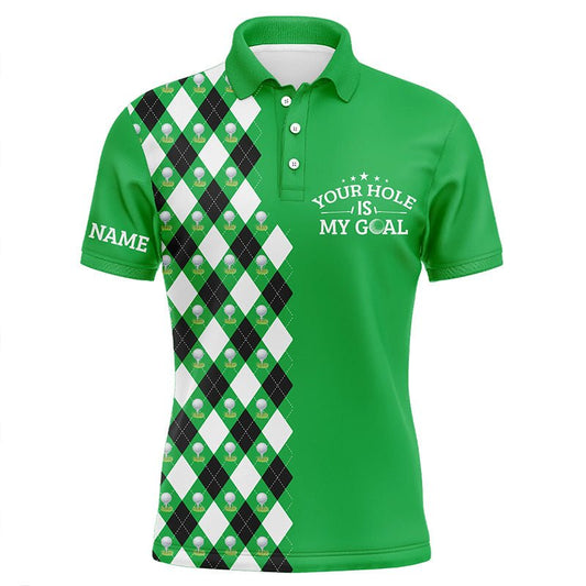 Herren Golf Polo Shirt mit lustigem grünem Argyle-Muster - Personalisierbar: Dein Loch ist mein Ziel, Golf-Geschenke für Männer N7461 - Climcat