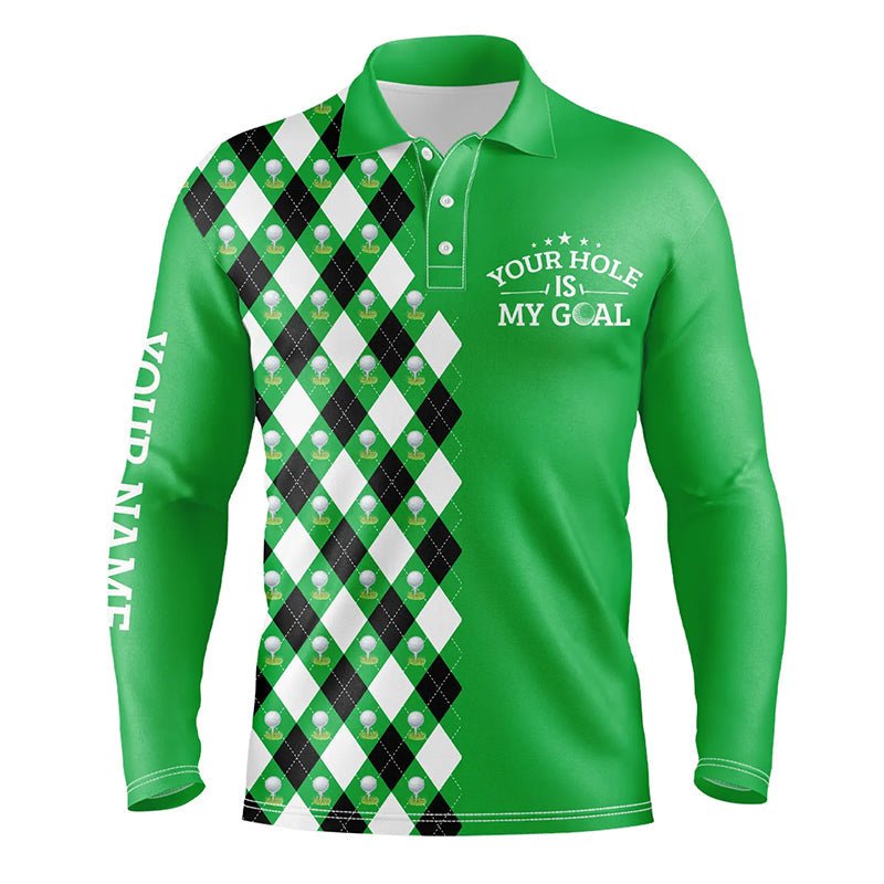 Herren Golf Polo Shirt mit lustigem grünem Argyle-Muster - Personalisierbar: Dein Loch ist mein Ziel, Golf-Geschenke für Männer N7461 - Climcat