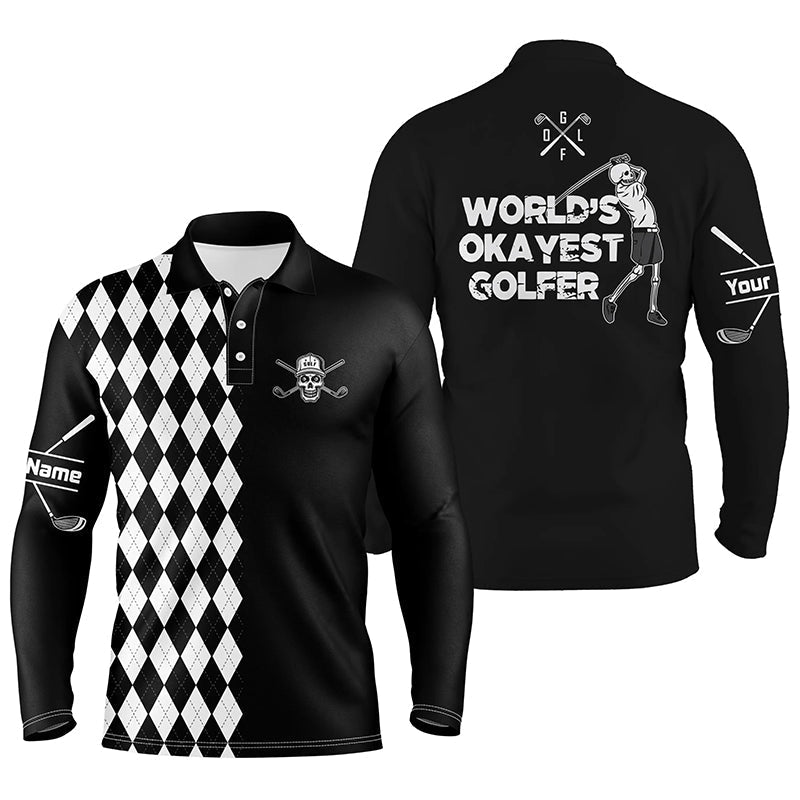 Herren Golf Polo Shirt mit Totenkopf Motiv - Personalisierbar mit eigenem Namen - Schwarz-weißes Argyle-Muster - Golfhemden N5115 - Climcat