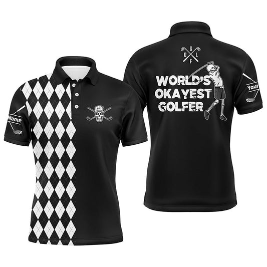 Herren Golf Polo Shirt mit Totenkopf Motiv - Personalisierbar mit eigenem Namen - Schwarz-weißes Argyle-Muster - Golfhemden N5115 - Climcat