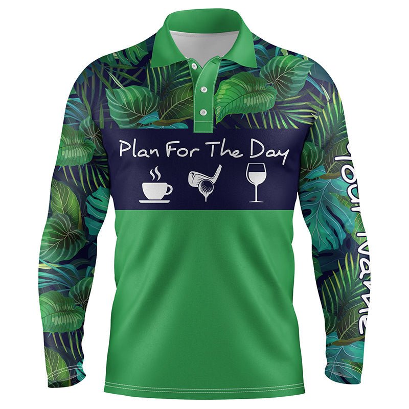 Herren Golf Polo Shirt "Plan für den Tag: Kaffee, Golf, Wein" mit individuellem Namen, grünen tropischen Pflanzen - Golfshirt N4000 - Climcat