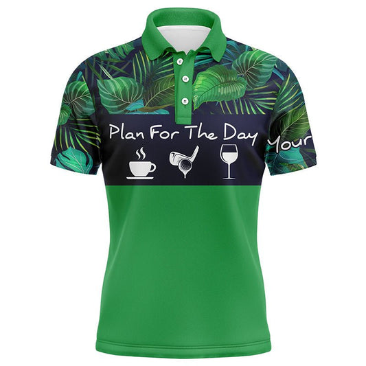 Herren Golf Polo Shirt "Plan für den Tag: Kaffee, Golf, Wein" mit individuellem Namen, grünen tropischen Pflanzen - Golfshirt N4000 - Climcat