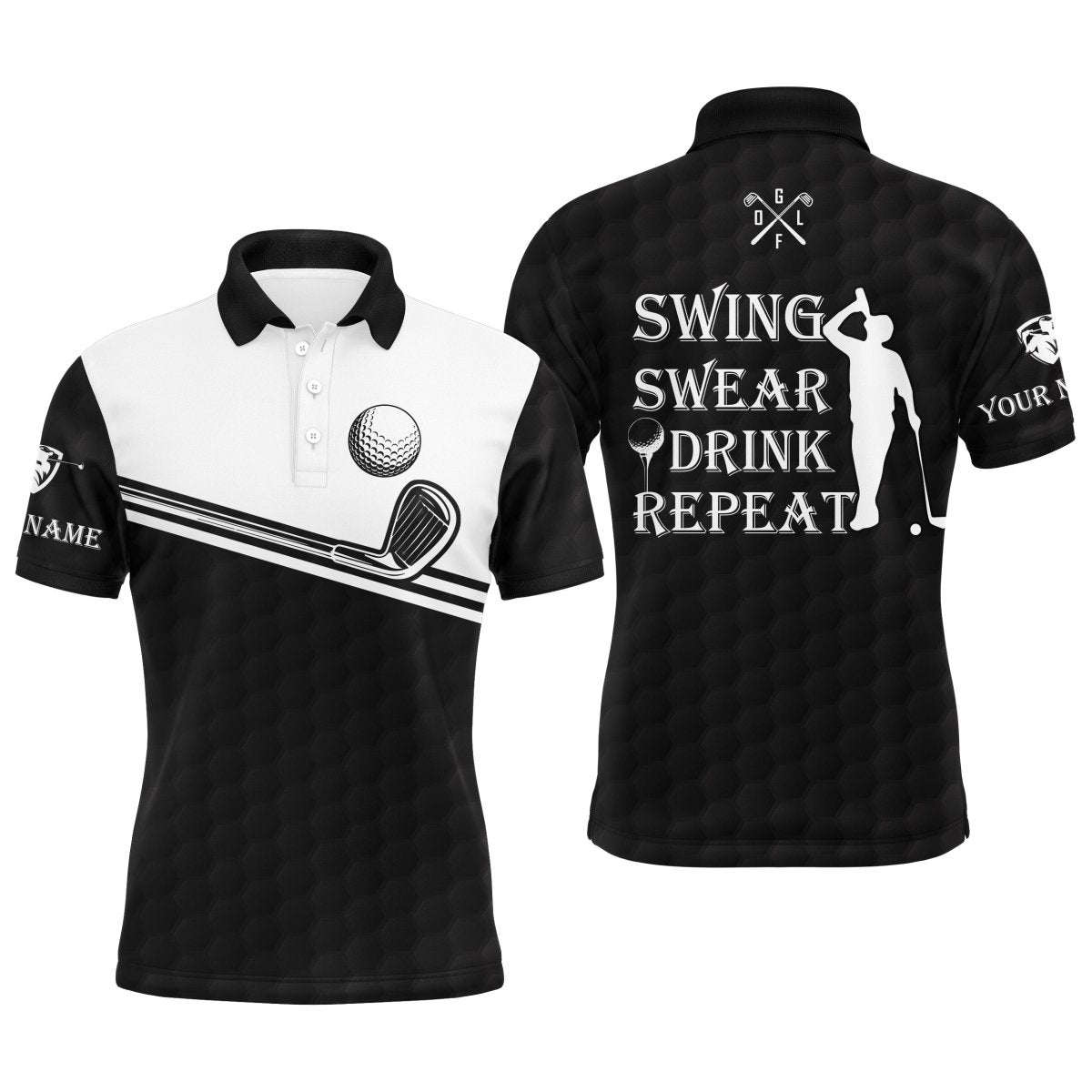 Herren Golf Polo Shirt - Schwingen, Schwitzen, Trinken, Wiederholen - Personalisierbarer Name - Schwarz Weiß - Golfshirts für Herren N4157 - Climcat