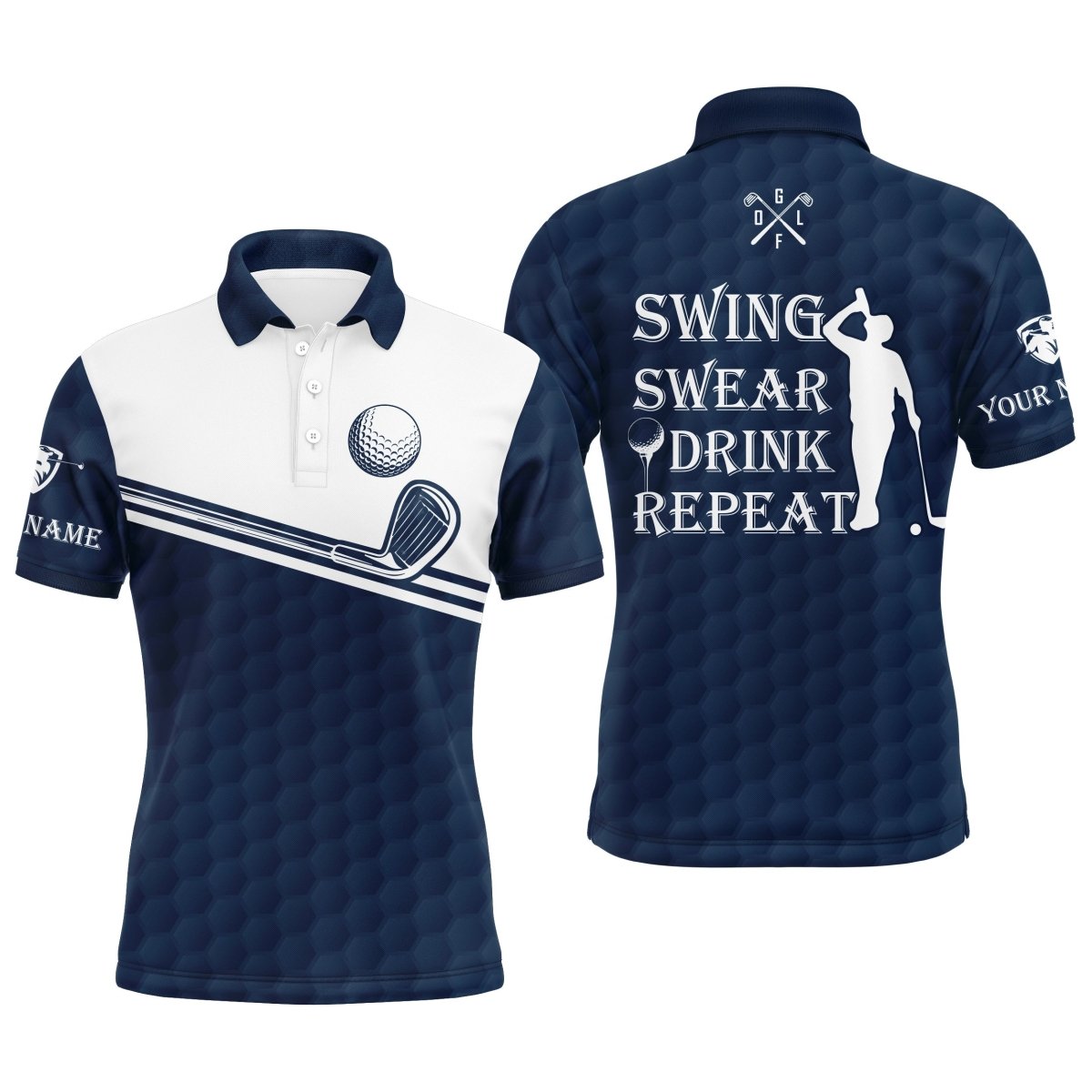 Herren Golf Polo Shirt "Swing, Schweiß, Trinken, Wiederholen" mit individuellem Namen, blau, navy, weiß - Golfshirts für Männer N4325 - Climcat