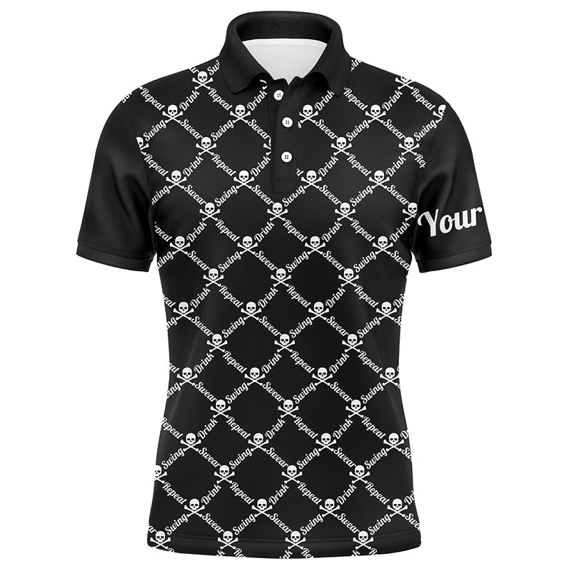 Herren Golf Polo Shirt "Swing, schwitze, trinke, wiederhole" Golf Skull individueller Name Golfbekleidung für Herren | Schwarz N4885 - Climcat