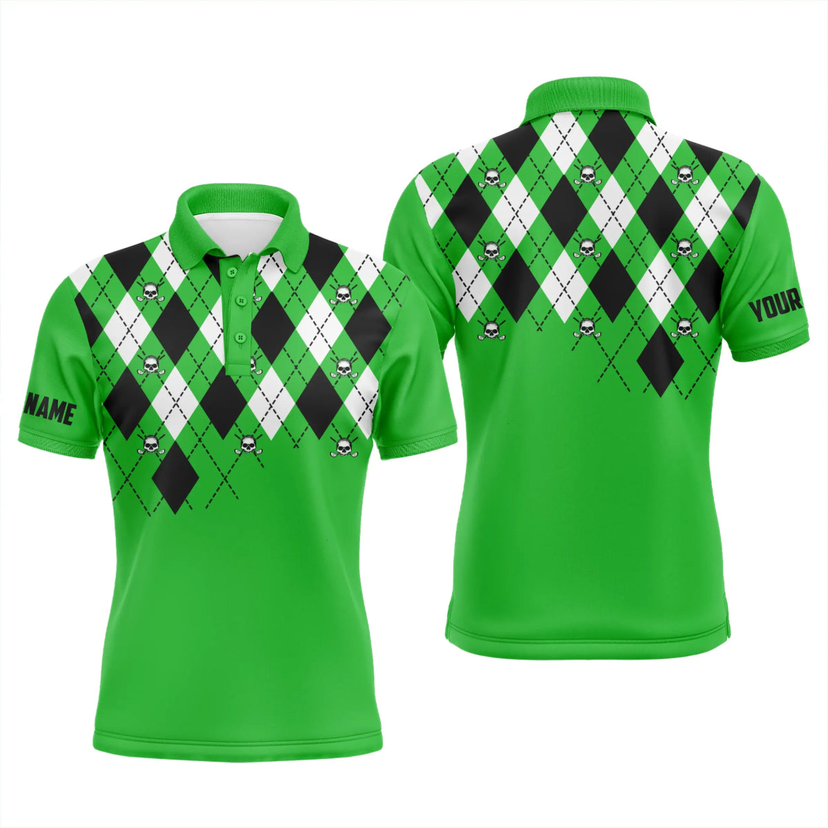 Herren Golf Polo Shirt Übergröße Grün Argyle Karo Golf Totenkopfmuster mit individuellem Namen Herren Grün Golf Oberteile N4966 - Climcat