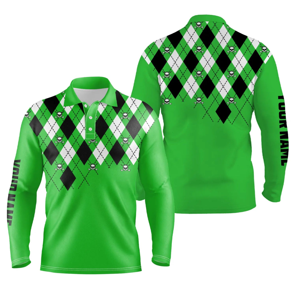 Herren Golf Polo Shirt Übergröße Grün Argyle Karo Golf Totenkopfmuster mit individuellem Namen Herren Grün Golf Oberteile N4966 - Climcat